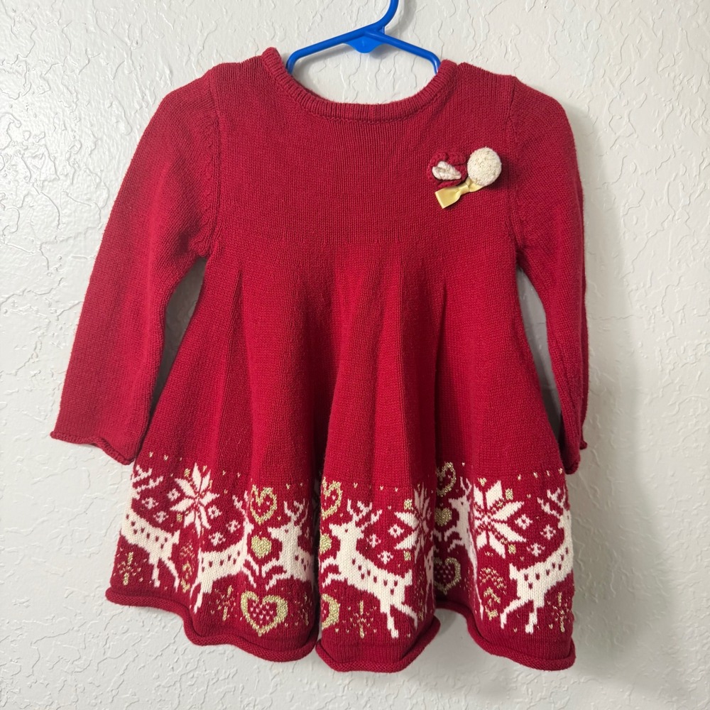Heirloom by Poly Flinders Red Reindeer Snowflake Knit Sweater Dress 18M Holiday